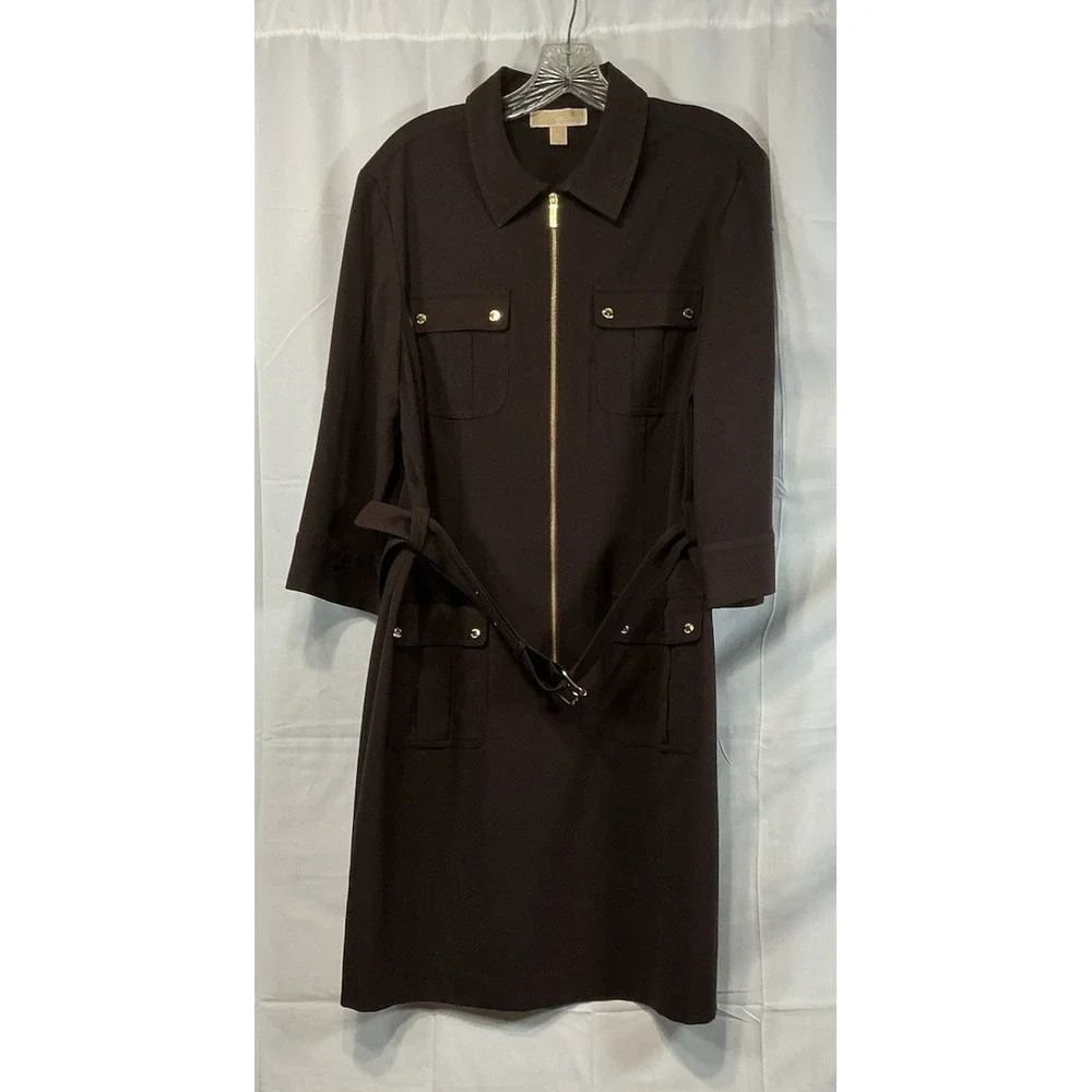 Michael Kors-Brwn-3/4 Adjustable Tab Slv-Shirtdress-Front Zip-Pockets-Belt-S-EUC